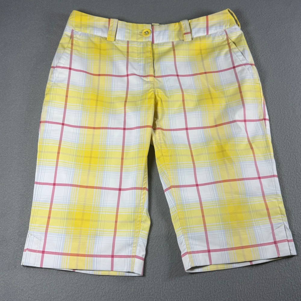Nike Golf Women 4 Tour Performance Dri-FIT Plaid Bermuda Shorts Yellow Pink